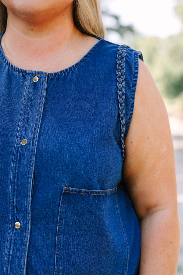 Plus Size dark denim vest with gold buttons, large front pockets, and a sleeveless design.