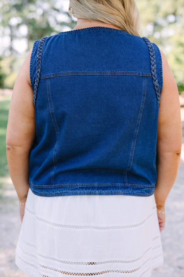 Plus Size dark denim vest with gold buttons, large front pockets, and a sleeveless design.