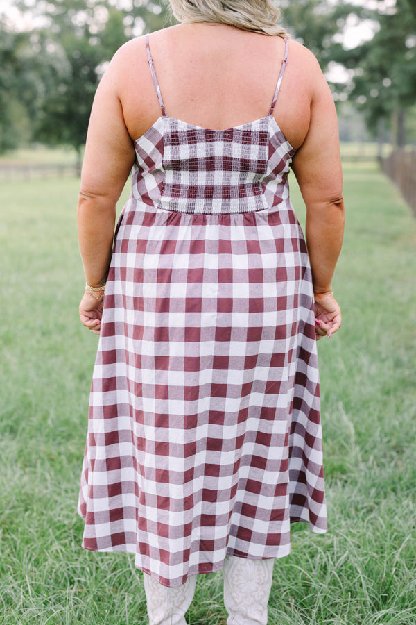 Plus Size brown and white gingham midi dress with a tie-front bodice and button-down front.