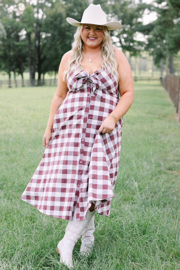 Plus Size brown and white gingham midi dress with a tie-front bodice and button-down front.