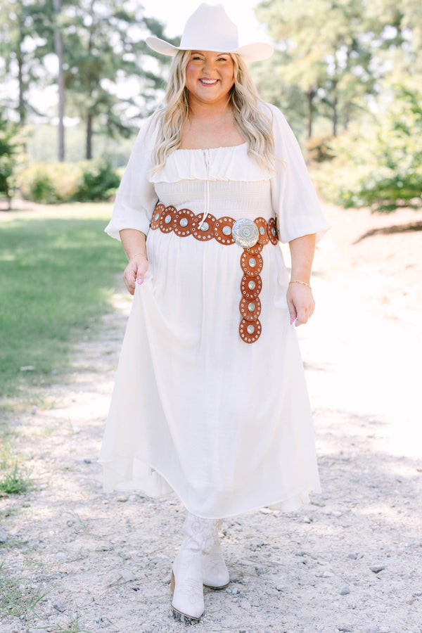 Plus Size cream midi dress with ruffle neckline, tiered bodice, and flowy three-quarter sleeves.