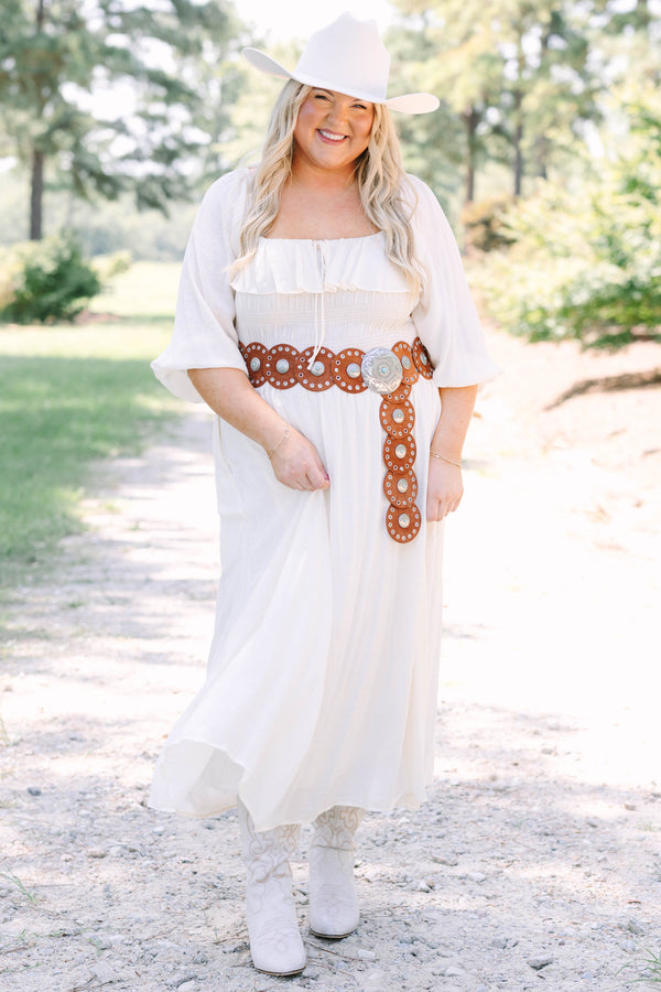 Plus Size cream midi dress with ruffle neckline, tiered bodice, and flowy three-quarter sleeves.