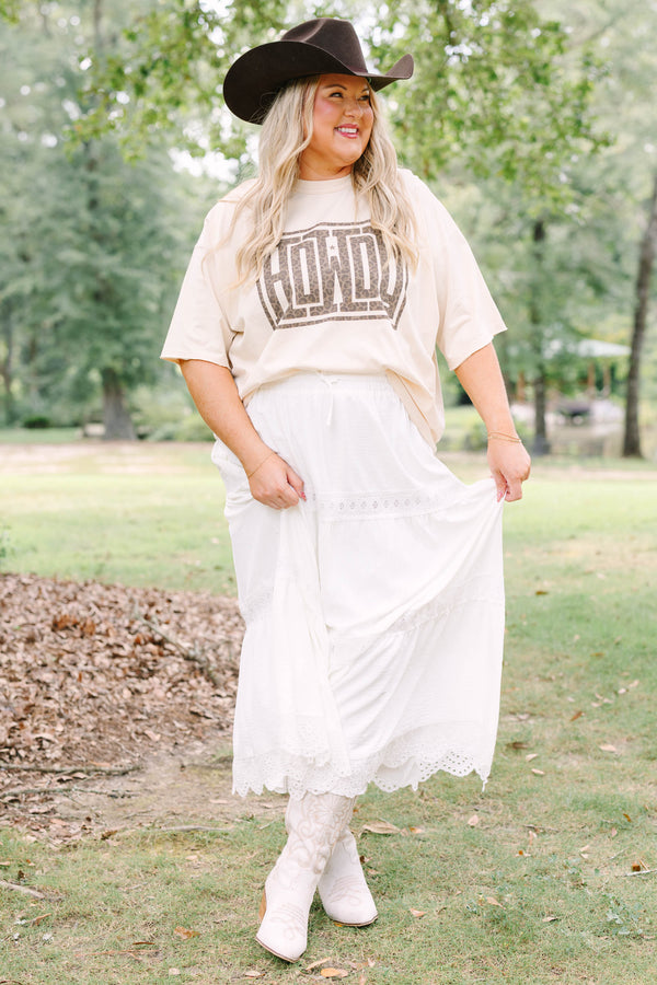 Plus Size sand vintage wash tee with a leopard print 'HOWDY' graphic and white lace-trim skirt.