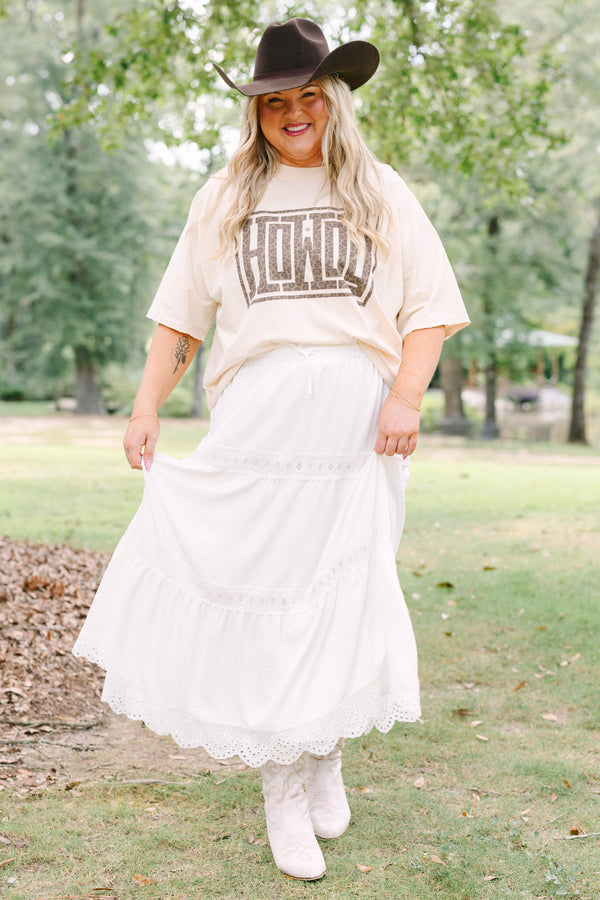 Plus Size sand vintage wash tee with a leopard print 'HOWDY' graphic and white lace-trim skirt.