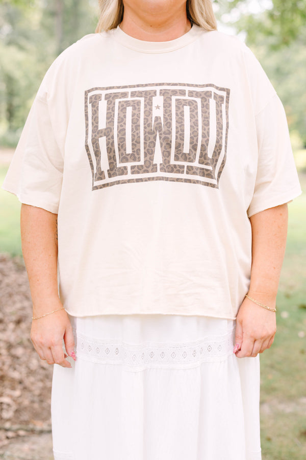 Plus Size sand vintage wash tee with a leopard print 'HOWDY' graphic and white lace-trim skirt.