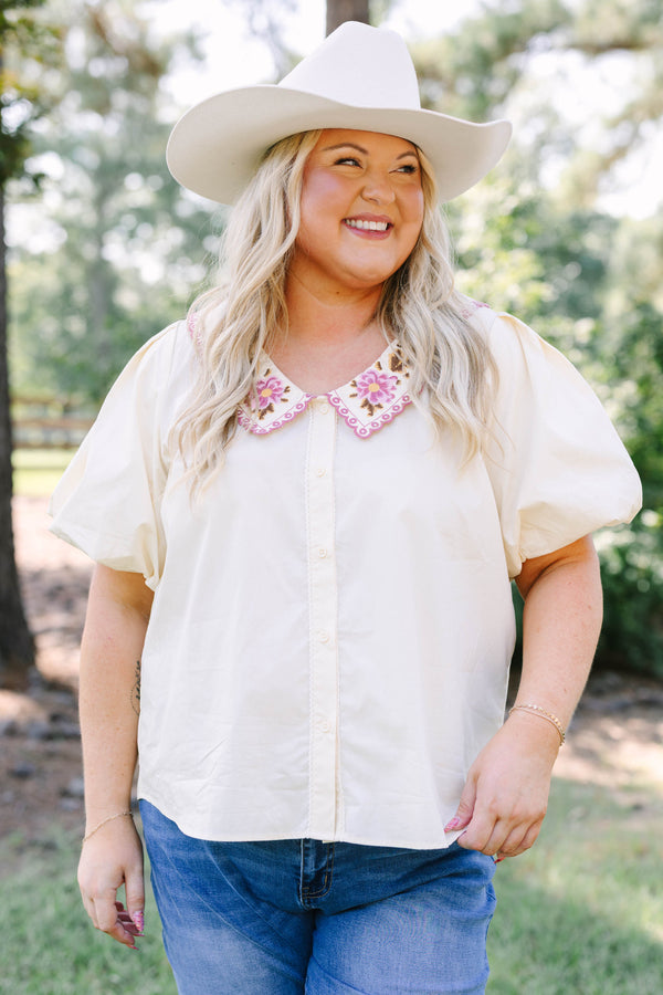 Plus Size cream cotton button-up top with puff sleeves and a pink floral embroidered collar.