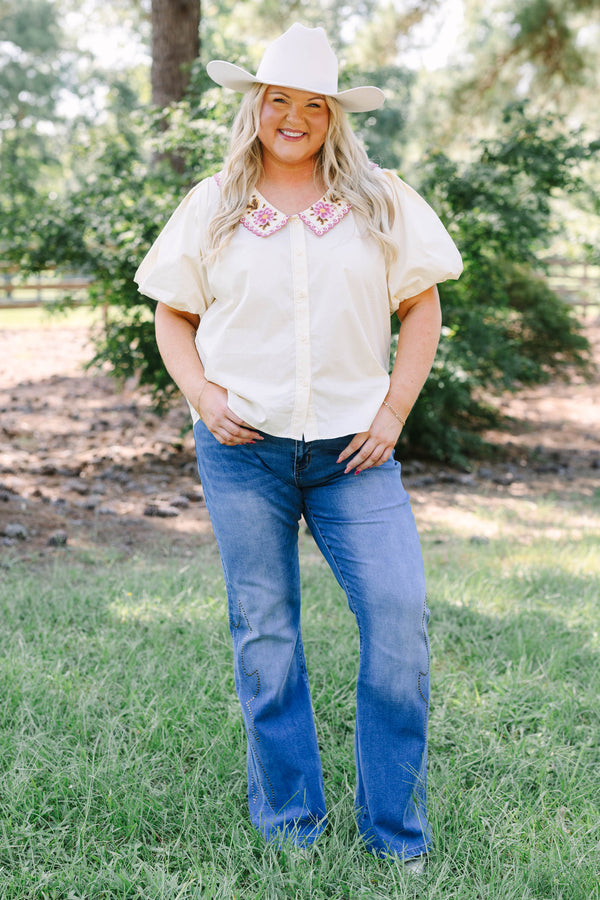 Plus Size cream cotton button-up top with puff sleeves and a pink floral embroidered collar.