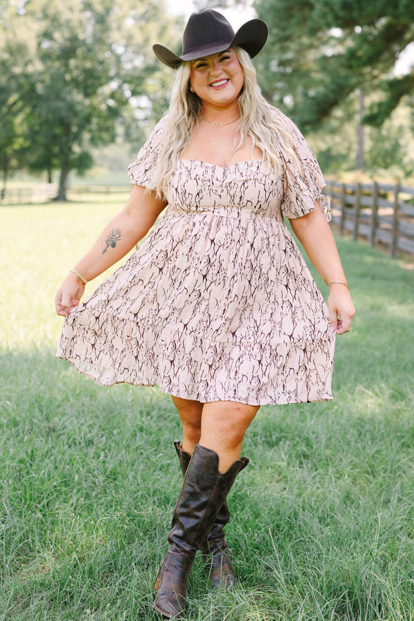 Plus Size mauve dress with a horse print, sweetheart neckline, and short puff sleeves.
