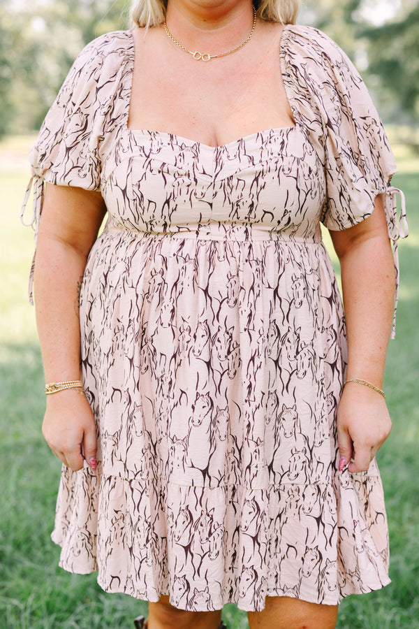 Plus Size mauve dress with a horse print, sweetheart neckline, and short puff sleeves.