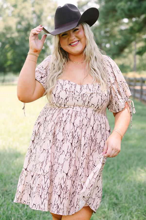 Plus Size mauve dress with a horse print, sweetheart neckline, and short puff sleeves.