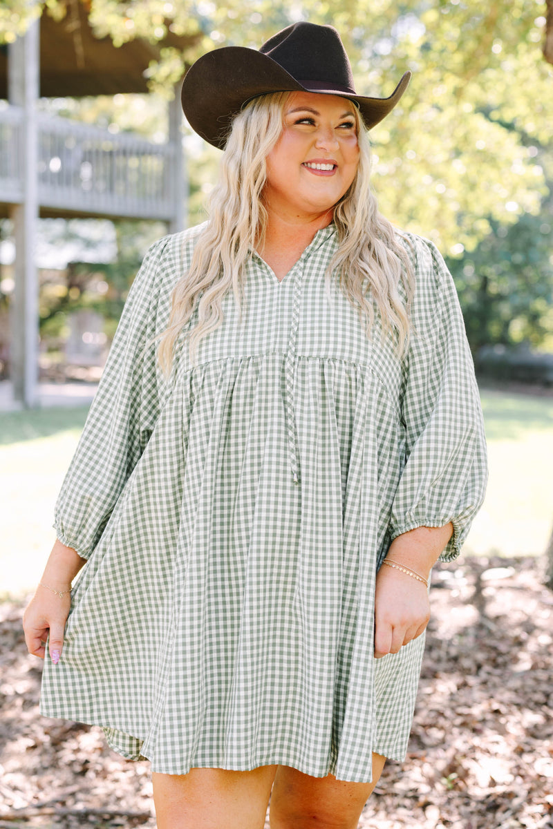 Ashley Robbennolt x Chic Soul: Walking On Air Dress, Green Gingham