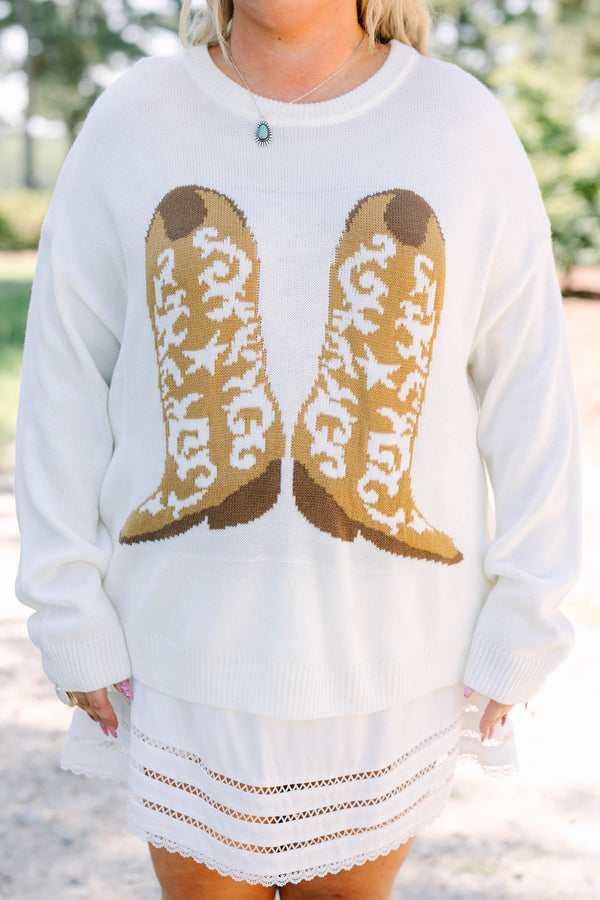 Plus Size ivory knit sweater featuring a crew neckline and a tan western boot graphic on the front.