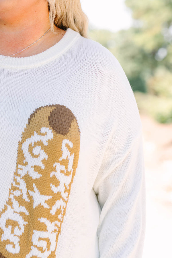 Plus Size ivory knit sweater featuring a crew neckline and a tan western boot graphic on the front.