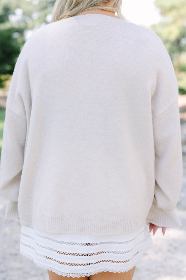 Plus Size tan knit cardigan with horse embroidery, button front, and long sleeves.