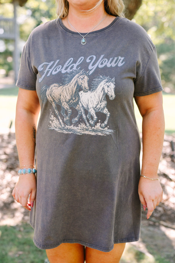 Plus Size charcoal t-shirt dress with a graphic of two horses and a silver concho belt.