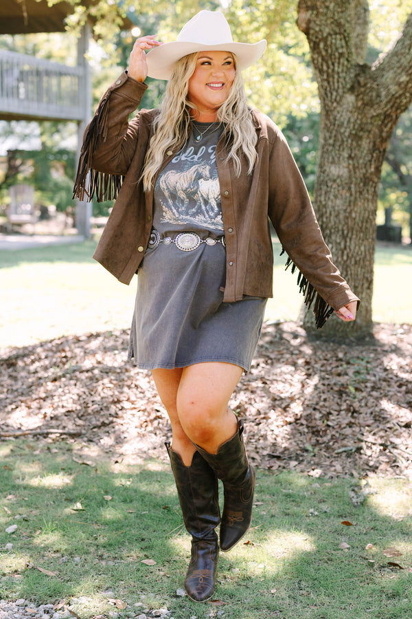 Plus Size charcoal t-shirt dress with a graphic of two horses and a silver concho belt.