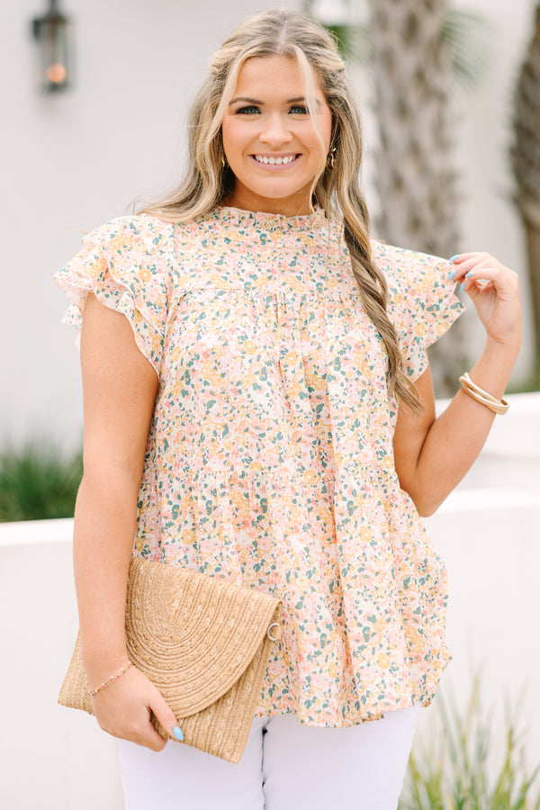 Chic Soul plus size clothing, yellow high neck top with a multi color floral pattern and flutter sleeves 