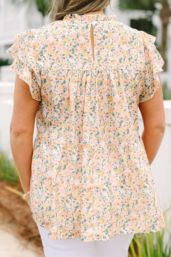 Chic Soul plus size clothing, yellow high neck top with a multi color floral pattern and flutter sleeves 
