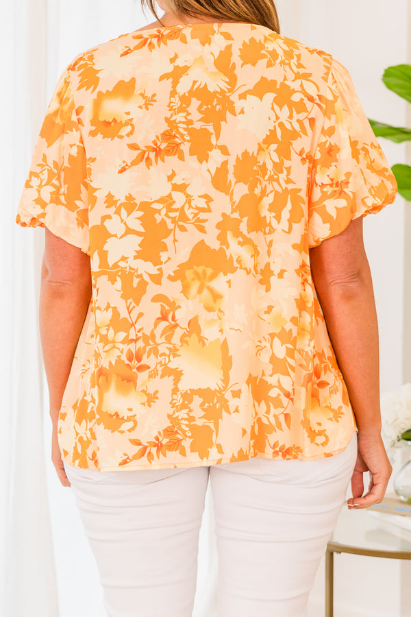 Chic Soul plus size clothing, short sleeve orange top with darker orange floral pattern and orange tassels