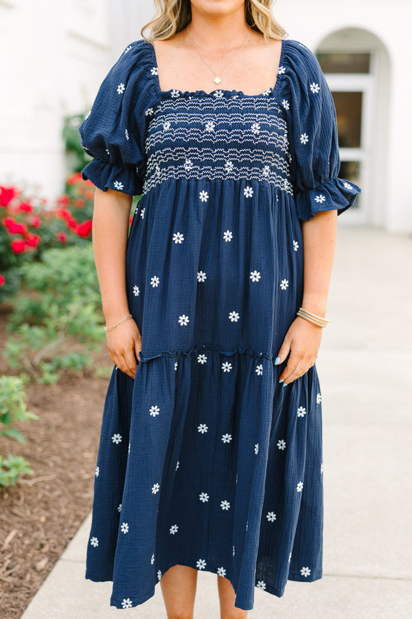 Chic Soul plus size clothing, navy maxi dress with floral embroidery
