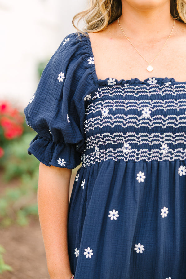 Chic Soul plus size clothing, navy maxi dress with floral embroidery