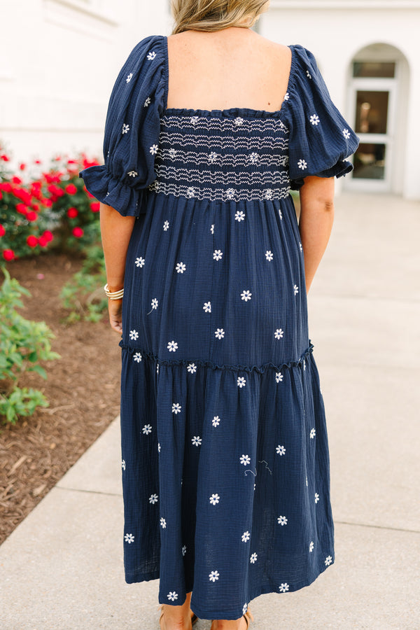 Chic Soul plus size clothing, navy maxi dress with floral embroidery