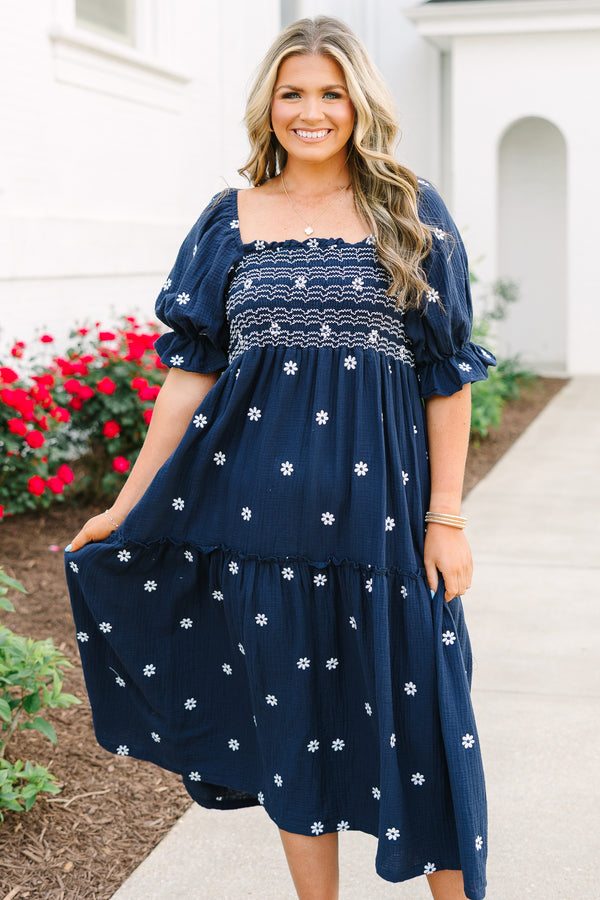 Chic Soul plus size clothing, navy maxi dress with floral embroidery