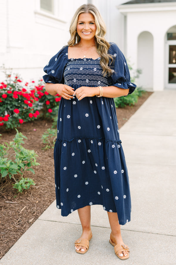 Chic Soul plus size clothing, navy maxi dress with floral embroidery