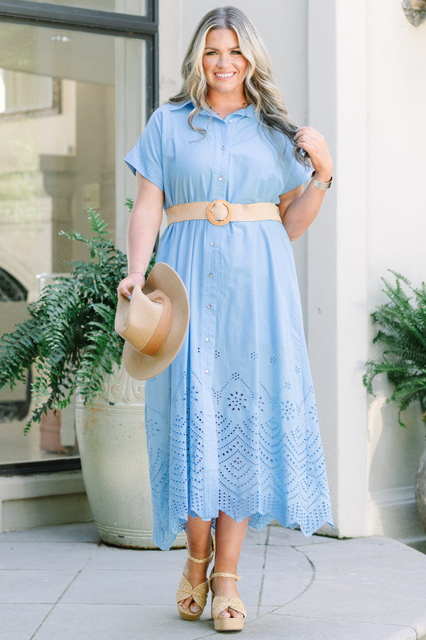 Chic Soul plus size clothing, blue midi dress with eyelet detail