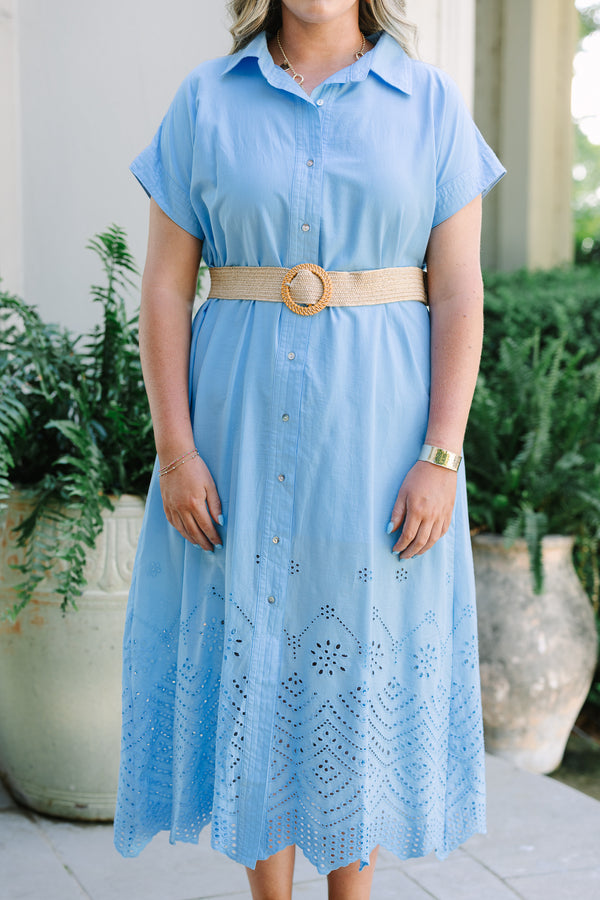 Chic Soul plus size clothing, blue midi dress with eyelet detail