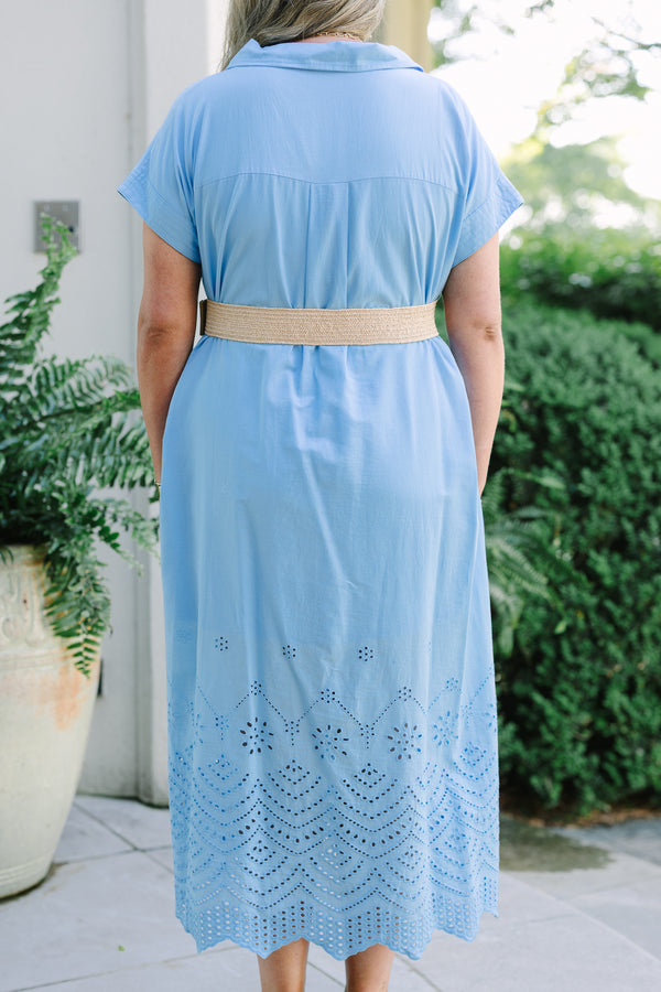 Chic Soul plus size clothing, blue midi dress with eyelet detail
