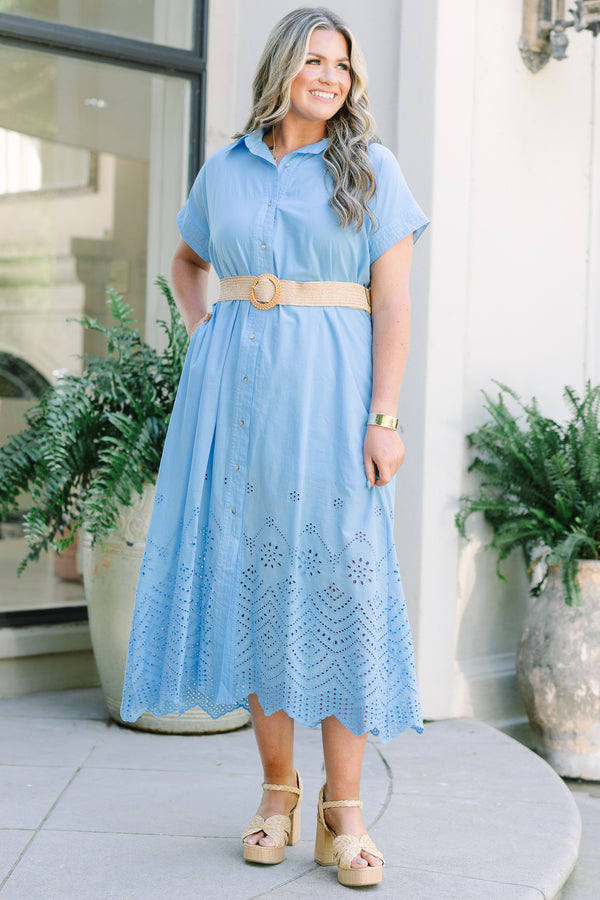 Chic Soul plus size clothing, blue midi dress with eyelet detail