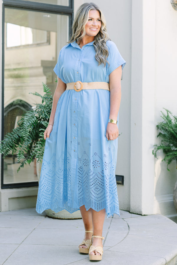 Chic Soul plus size clothing, blue midi dress with eyelet detail