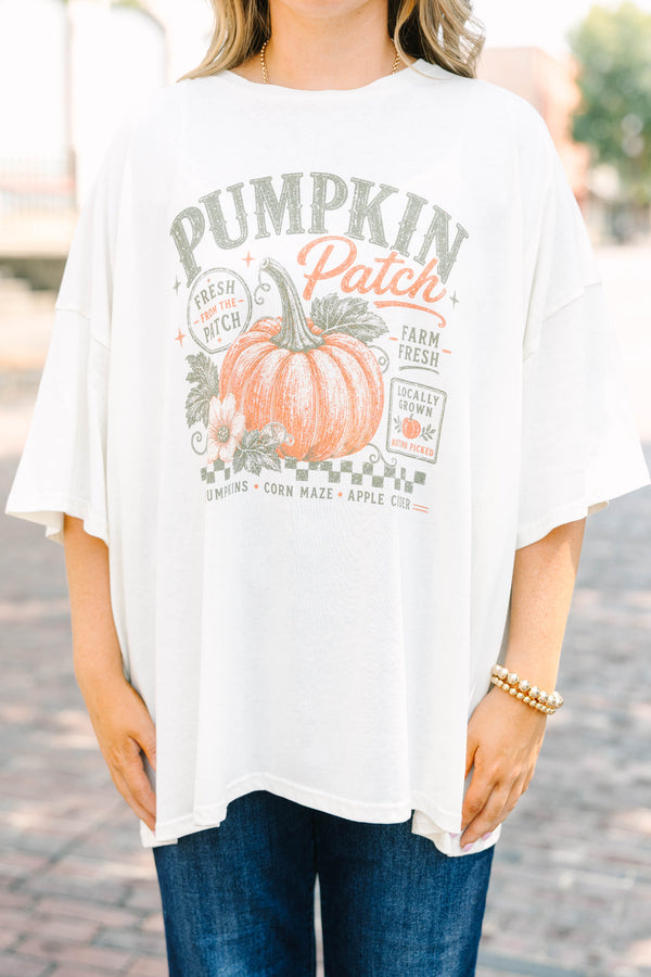 Plus Size ivory oversized boyfriend tee with a pumpkin patch graphic and short sleeves.