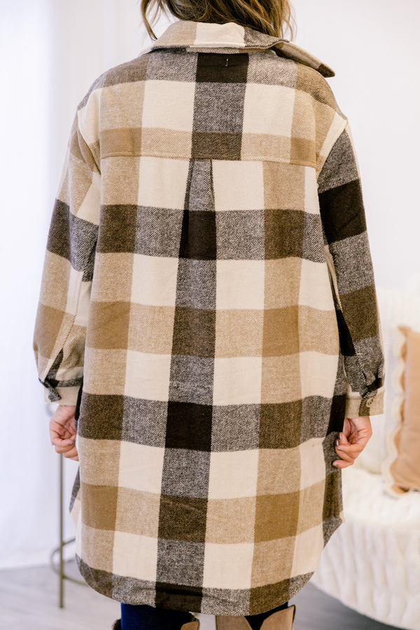 Chic Soul plus size clothing long coat, long sleeve white tan plaid