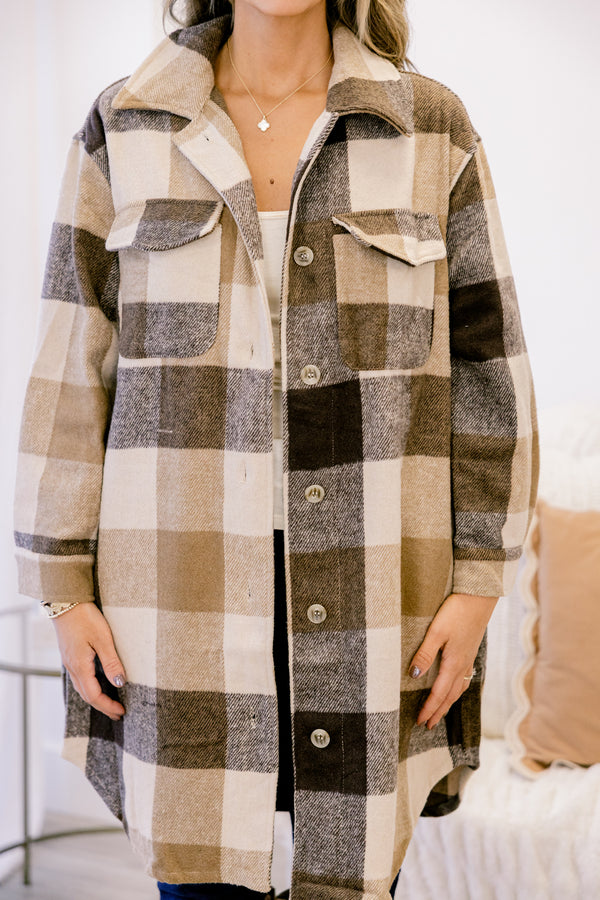 Chic Soul plus size clothing long coat, long sleeve white tan plaid