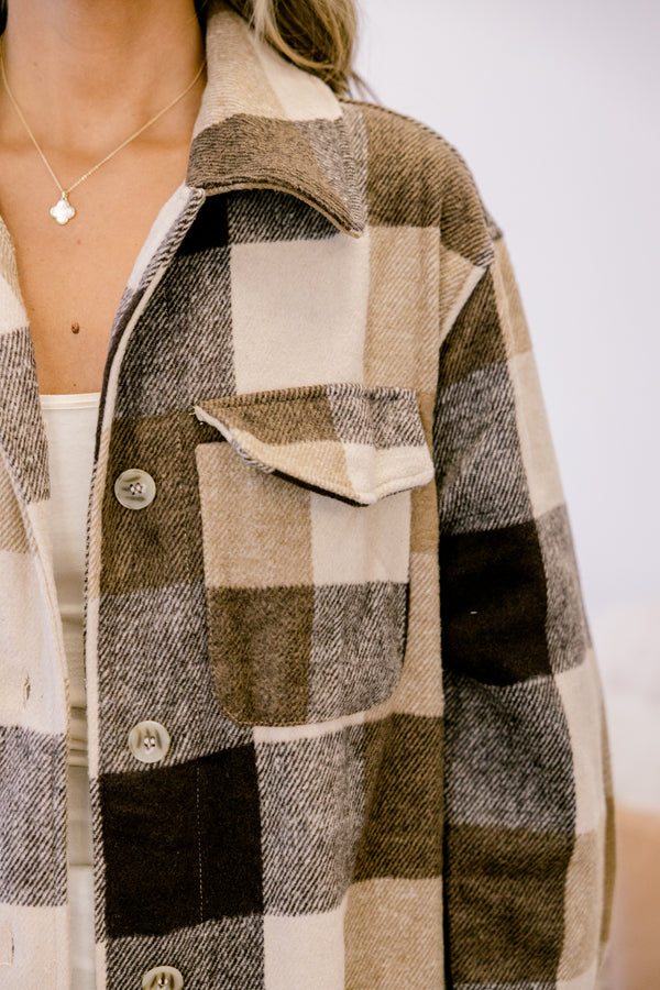 Chic Soul plus size clothing long coat, long sleeve white tan plaid