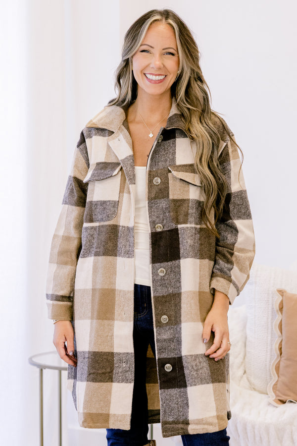 Chic Soul plus size clothing long coat, long sleeve white tan plaid