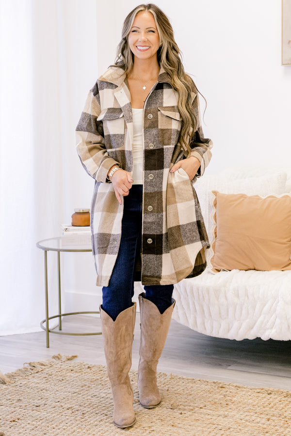 Chic Soul plus size clothing long coat, long sleeve white tan plaid