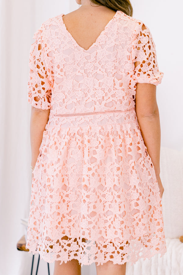 Chic Soul plus size clothing, short sleeve pink lace dress with a slight v-neck