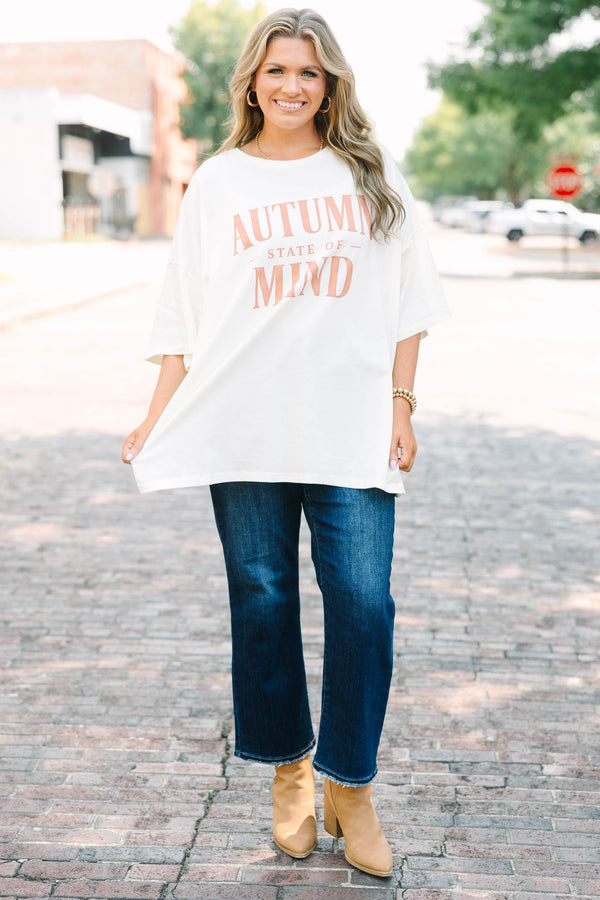 Plus Size ivory oversized boyfriend tee with peach Autumn State of Mind graphic and crew neckline.