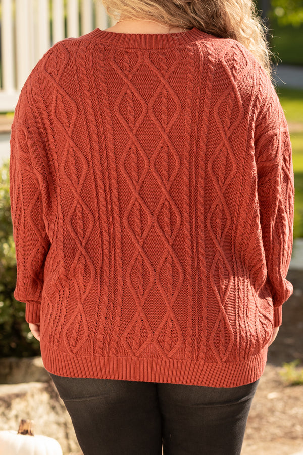 Chic Soul plus size clothing, mahogany cable knit sweater with tied strings