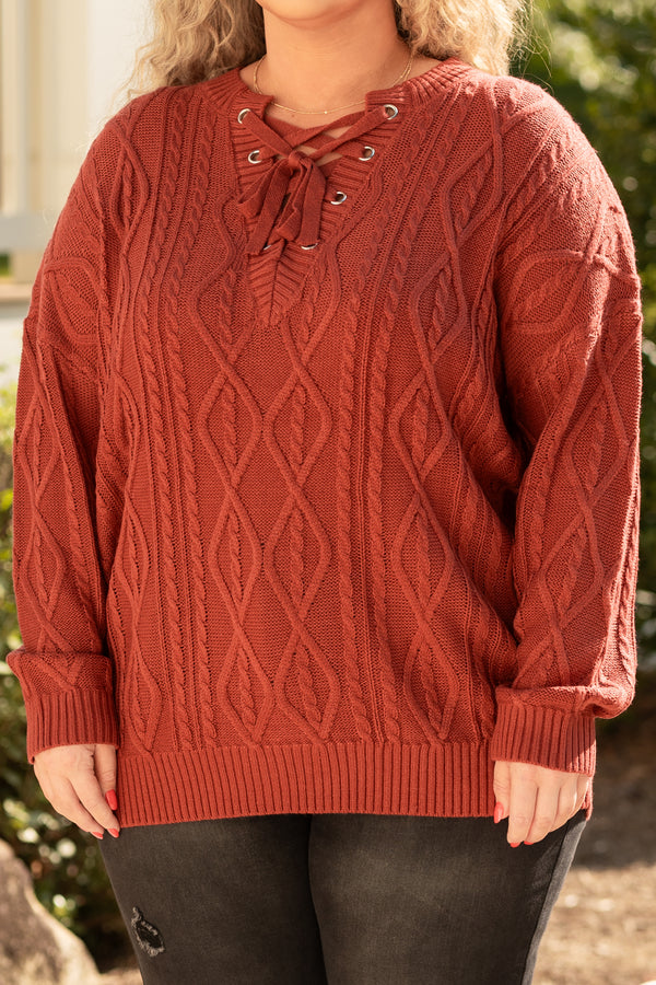 Chic Soul plus size clothing, mahogany cable knit sweater with tied strings