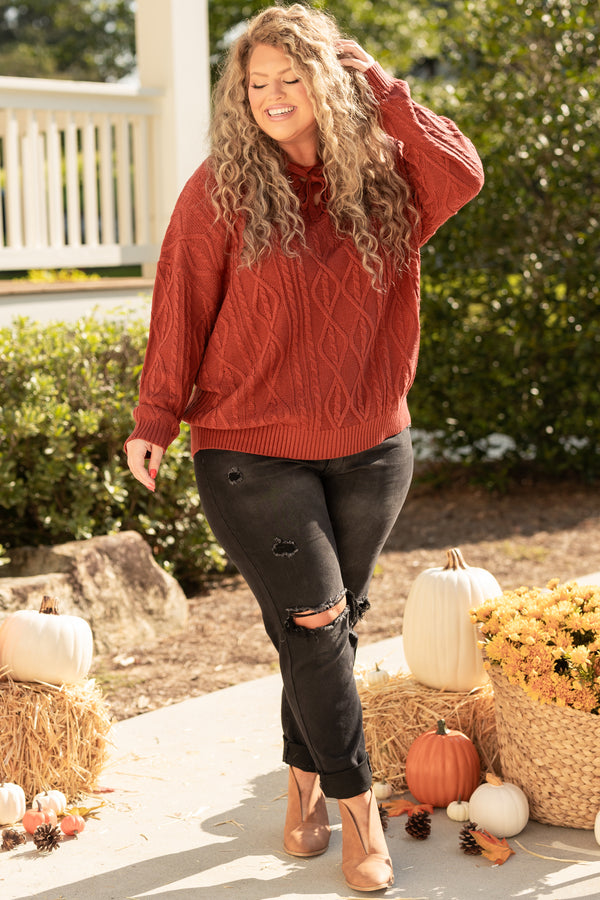 Chic Soul plus size clothing, mahogany cable knit sweater with tied strings