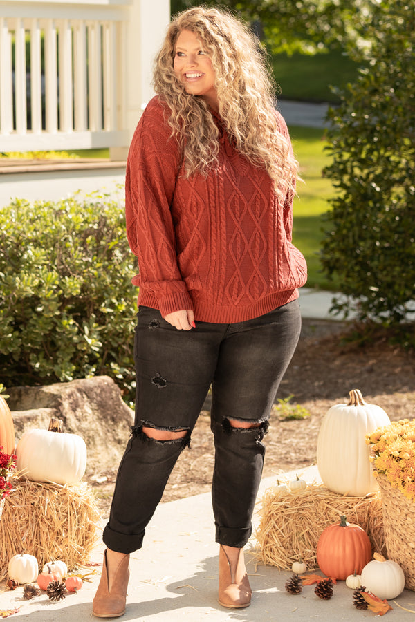 Chic Soul plus size clothing, mahogany cable knit sweater with tied strings