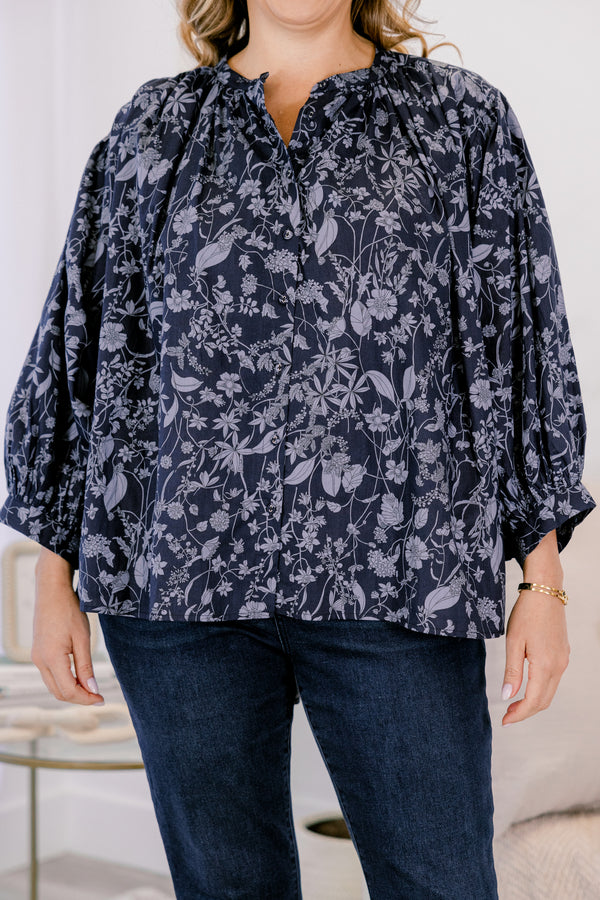 Chic Soul plus size clothing, navy and light blue floral print long puff sleeve top with subtly v neck cutout