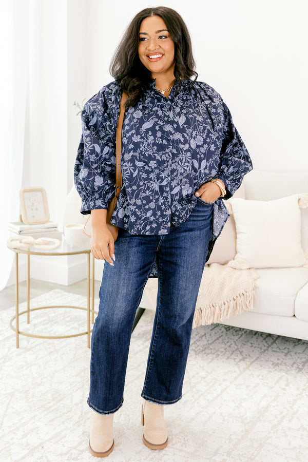 Chic Soul plus size clothing, navy and light blue floral print long puff sleeve top with subtly v neck cutout