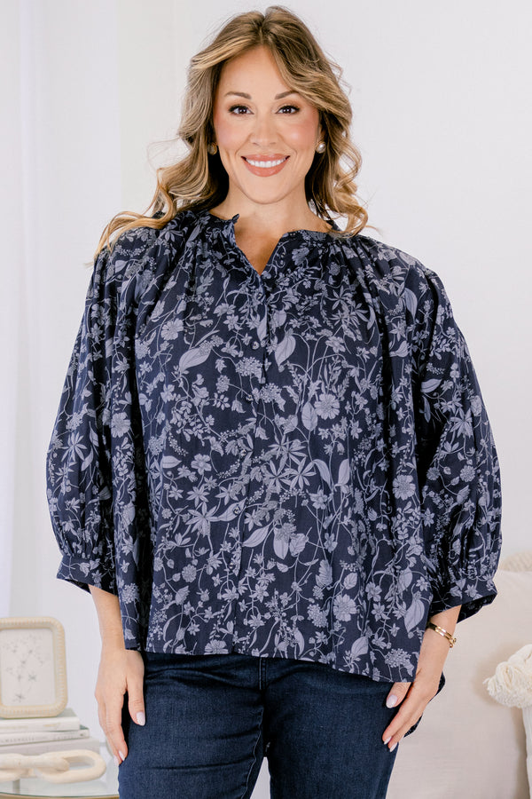 Chic Soul plus size clothing, navy and light blue floral print long puff sleeve top with subtly v neck cutout