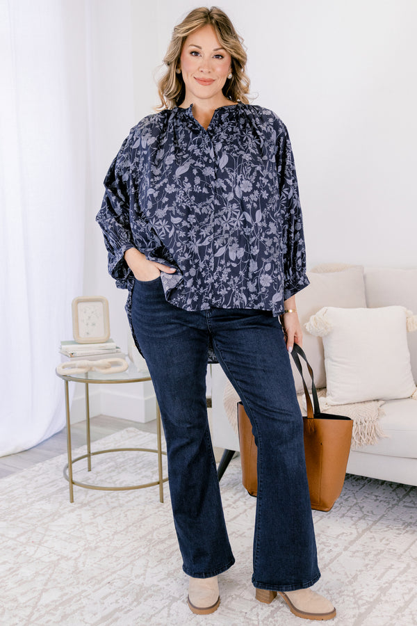 Chic Soul plus size clothing, navy and light blue floral print long puff sleeve top with subtly v neck cutout