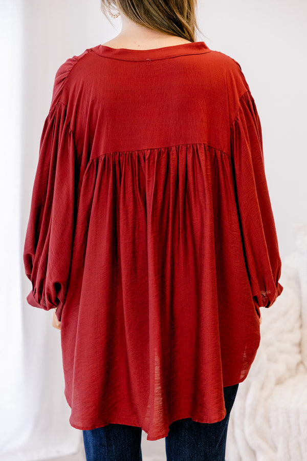 Chic Soul plus size clothing, dark red long sleeve flowy button up tunic with balloon sleeves